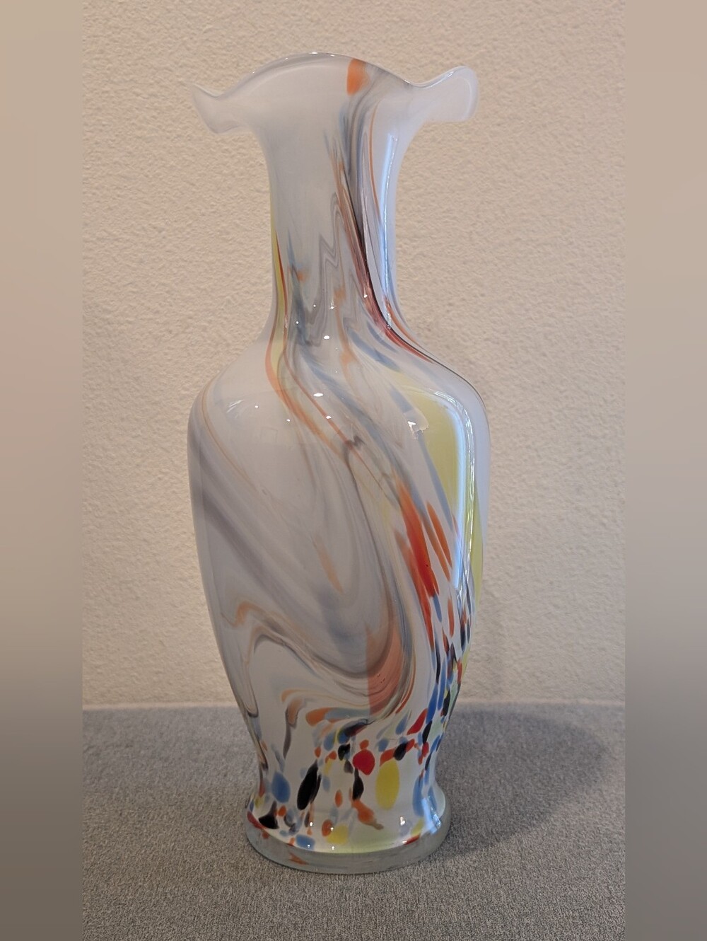 Art Glass Hand Blown White Cased Glass Confetti & Swirl Vase 13” Scalloped Edge